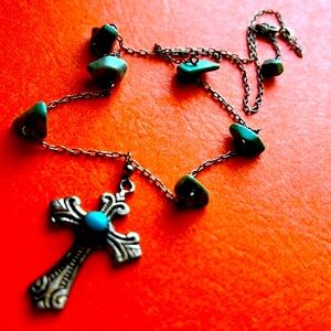 Turquoise cross hand made ? Sterling silver necklace